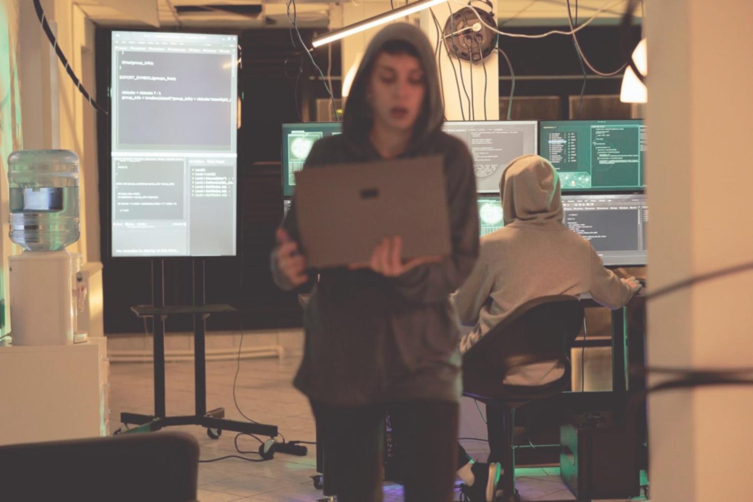 Developer analyzing complex code structure on multiple monitors